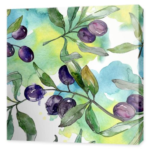 Black olives on branches with green leaves. Botanical garden floral foliage. Watercolor background illustration. Seamless background pattern. Fabric wallpaper print texture.