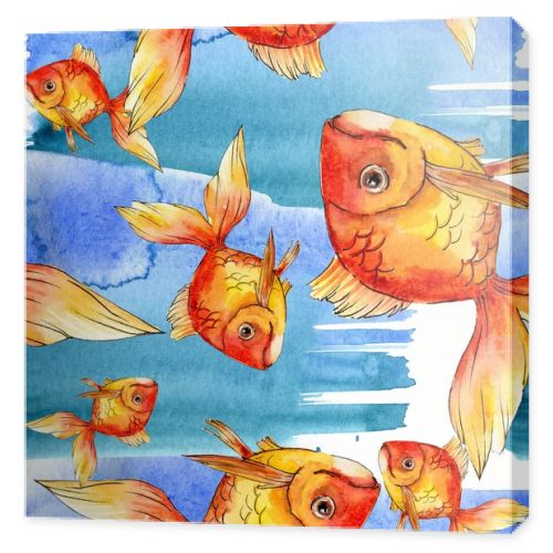 Watercolor aquatic colorful goldfishes with colorful abstract illustration. Seamless background pattern. Fabric wallpaper print texture.