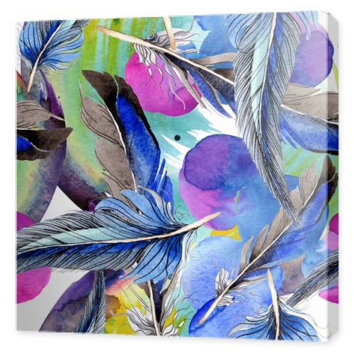 Bird feathers from wing. Watercolor background illustration set. Seamless background pattern. Fabric wallpaper print texture.