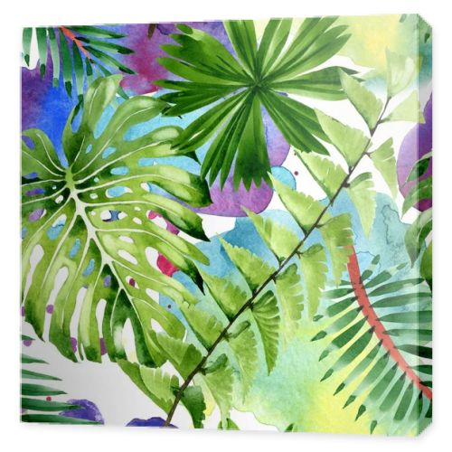 Palm beach tree leaves jungle botanical. Watercolor background illustration set. Seamless background pattern.