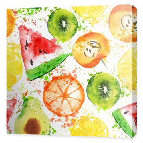 Set of Fresh fruit watercolor objects. Watercolored apple, citruses, avocado and qiwi in one art collection with splashes. Healthy lifestyle set with fruits and juice splash