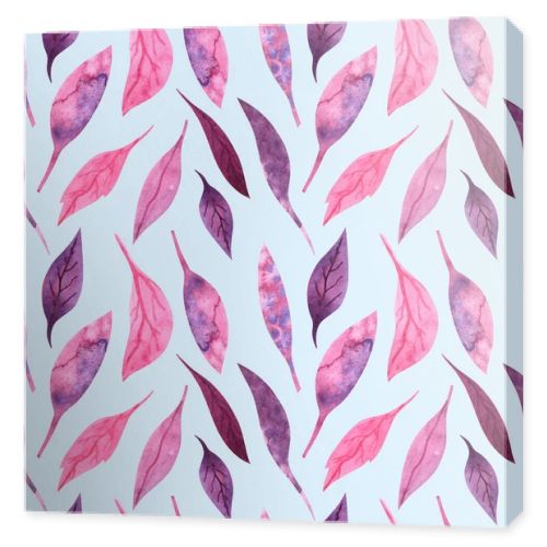 Seamless watercolor pattern with pink and fiolet leaves on a light blue background.