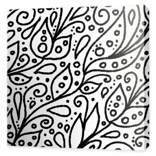 Hand-drawn black and white abstract floral seamless pattern. One color outline texture on white background consists of leaves, circles, dots, swirls and drops. Wrapping paper, scrapbooking, textile.