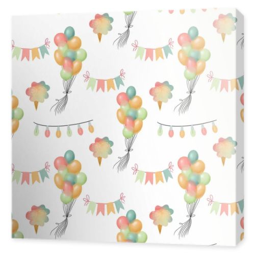 Seamless pattern of hand drawn air balloons, flags, garlands and ice cream, illustration on white background