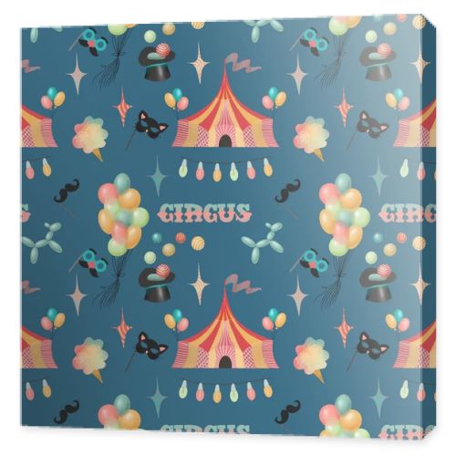 Seamless pattern of hand drawn circus elements and attributes of amusement park (circus tent, air balloons, ice cream, fun masks), illustration on dark blue background