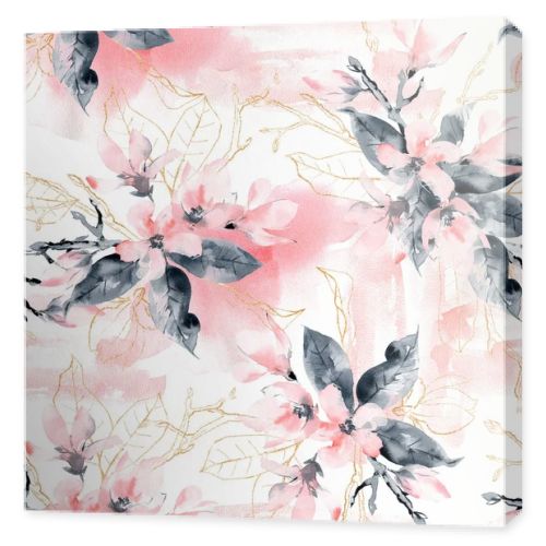 Seamless pattern with flowers and leaves. Pink magnolia flowers 