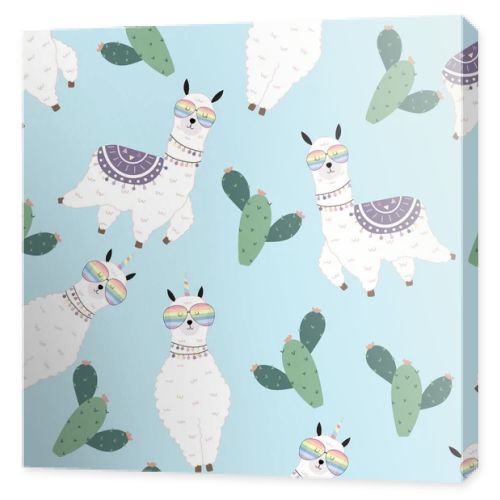 Blue hand drawn cute seamless pattern with llama, glasses,cactus in summer