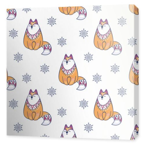 Christmas seamless pattern with cute fox. Childhood vector background in ethnic style.