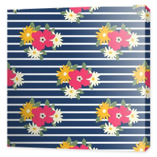Floral pattern on a blue striped background. Seamless sample with white, pink and yellow flowers. Vector illustration