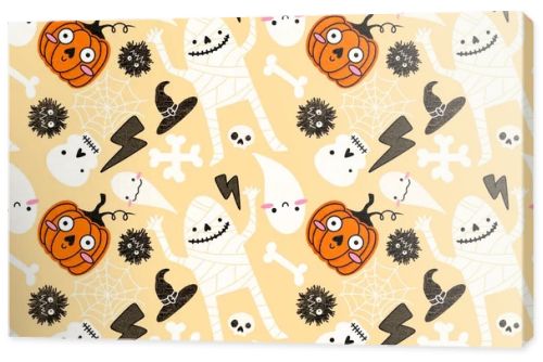 Halloween mummy and pumpkins seamless ghost and bones and skulls and monsters pattern for wrapping paper and kids clothes print and fabrics and linens and fashion textiles. High quality illustration