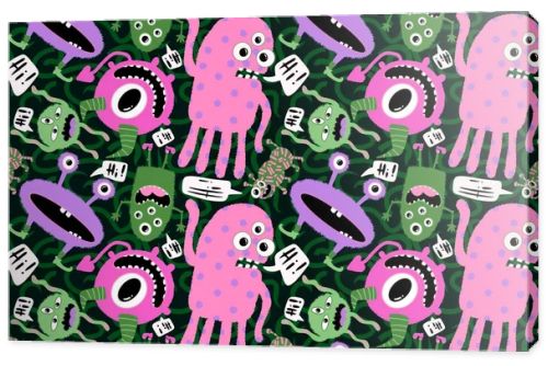 Cartoon doodle monsters seamless aliens and animals pattern for wrapping paper and fabrics and kids clothes print and linens and packaging. High quality illustration
