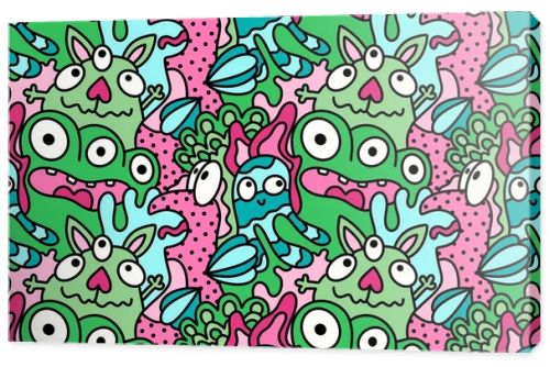 Cartoon doodle monsters seamless aliens and animals pattern for wrapping paper and fabrics and kids clothes print and linens and packaging. High quality illustration