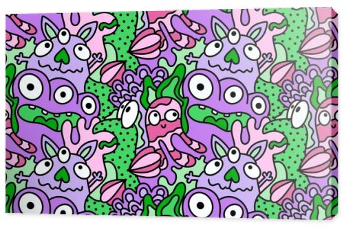 Cartoon doodle monsters seamless aliens and animals pattern for wrapping paper and fabrics and kids clothes print and linens and packaging. High quality illustration
