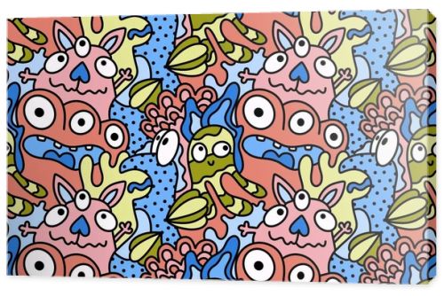 Cartoon doodle monsters seamless aliens and animals pattern for wrapping paper and fabrics and kids clothes print and linens and packaging. High quality illustration