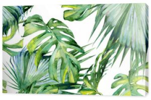 Seamless watercolor illustration of tropical leaves, dense jungle. Hand painted. Banner with tropic summertime motif may be used as background texture, wrapping paper, textile or wallpaper design.