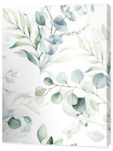 Seamless watercolor floral pattern - green leaves and branches composition on white background, perfect for wrappers, wallpapers, postcards, greeting cards, wedding invitations, romantic events.