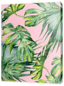 Seamless watercolor illustration of tropical leaves, dense jungle. Hand painted. Banner with tropic summertime motif may be used as background texture, wrapping paper, textile or wallpaper design.