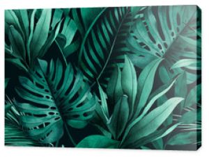 Tropical seamless pattern with exotic monstera, banana and palm leaves on dark background.