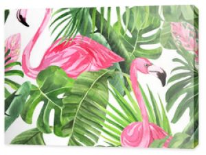 Jungle isolated seamless pattern with tropical leaves, palm monster banana, flamingo on an isolated white background. Fabric wallpaper print texture. Stock illustration.