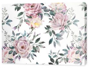 Seamless floral pattern with flowers on light background, watercolor. Template design for textiles, interior, clothes, wallpaper. Botanical art