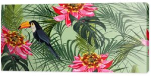 Tropical seamless pattern with leaves and red parrot bird