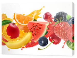 Sweet tropical fruits and mixed berries. Splash of juice. Watermelon, banana, pineapple, strawberry, orange, mango, blueberry, cherry, raspberry, papaya. 3d vector realistic set. High quality 50mb eps