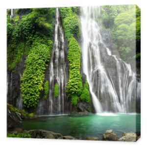 Kaskada wodospadu w dżungli w tropikalnym lesie deszczowym ze skałą i turkusowym niebieskim stawem. Jego nazwa Banyumala, ponieważ jest bliźniaczym wodospadem