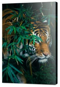 Tygrys bengalski ukrywający się w lesie za zielonymi gałęziami