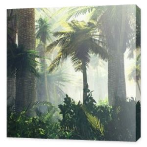 Dżungla we mgle porannej palmy w renderowaniu 3D mgły