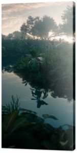 Piękny zachód słońca w raju w dżungli Gęsta roślinność lasów deszczowych i spokojna rzeka renderowania 3D