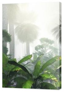 Kokosowa dżungla rano w lesie mgły w renderowaniu 3D mgły