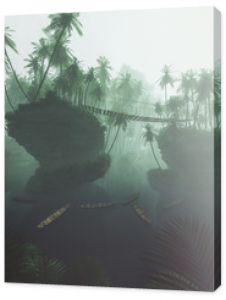 Drewniane kajaki na mglistym jeziorze w dżungli z palmami Podświetlany