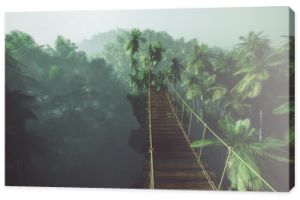 Most linowy w mglistej dżungli z palmami Podświetlany