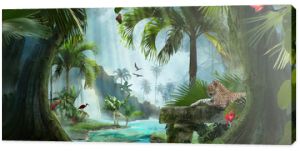 jako tło można użyć pięknego widoku na lagunę na plaży w dżungli z palmami jaguara i liśćmi tropikalnymi