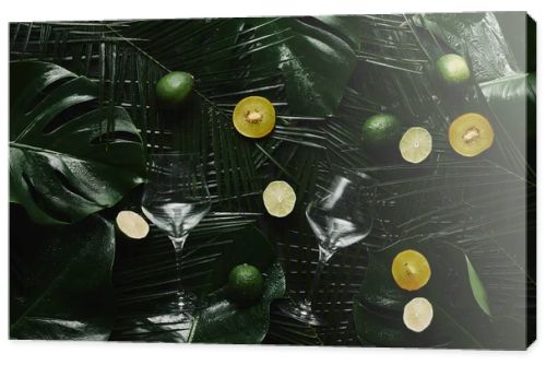 top view of two empty glasses, fresh fruits and green tropical leaves 