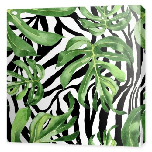 Exotic tropical hawaiian green palm leaves. Watercolor background set. Seamless background pattern.