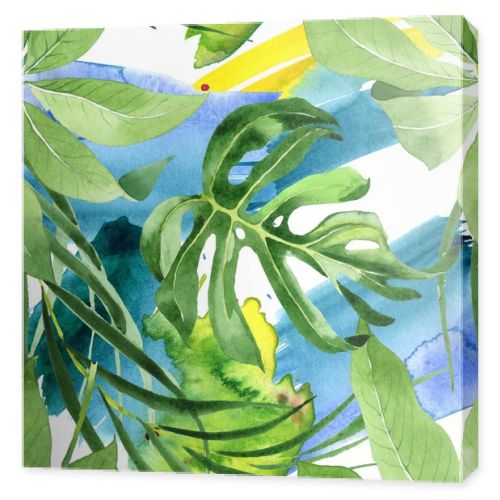 Exotic tropical hawaiian green palm leaves. Watercolor background set. Seamless background pattern.