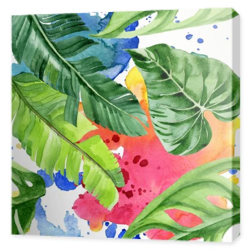 Exotic tropical hawaiian palm tree leaves. Watercolor background illustration set. Seamless background pattern. 