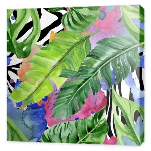 Exotic tropical hawaiian palm tree leaves. Watercolor background illustration set. Seamless background pattern. 