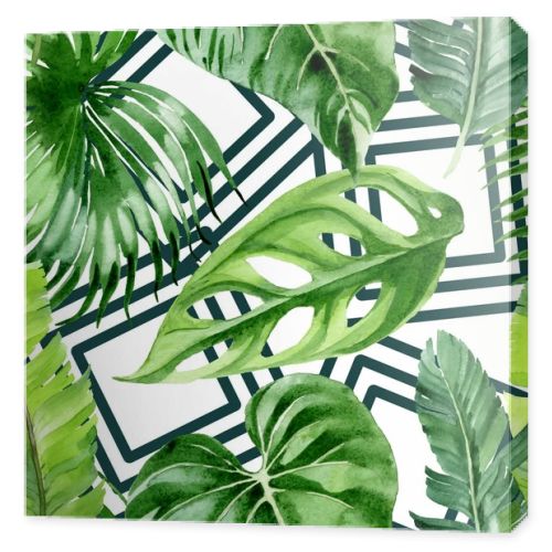Exotic tropical hawaiian palm tree leaves. Watercolor background illustration set. Seamless background pattern. 