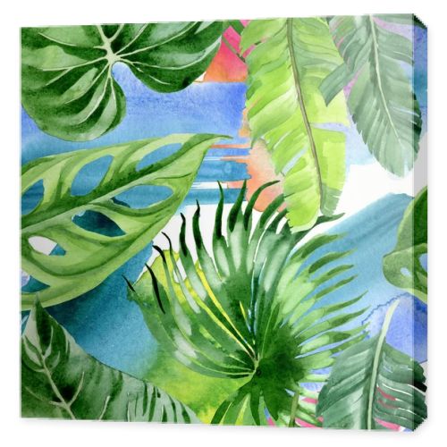 Exotic tropical hawaiian palm tree leaves. Watercolor background illustration set. Seamless background pattern. 
