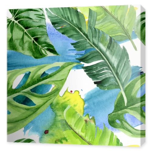 Exotic tropical hawaiian palm tree leaves. Watercolor background illustration set. Seamless background pattern. 