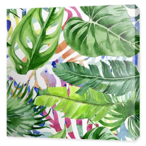 Exotic tropical hawaiian palm tree leaves. Watercolor background illustration set. Seamless background pattern. 