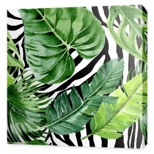 Exotic tropical hawaiian palm tree leaves. Watercolor background illustration set. Seamless background pattern. 