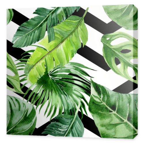 Exotic tropical hawaiian palm tree leaves. Watercolor background illustration set. Seamless background pattern. 