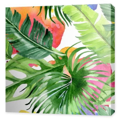 Exotic tropical hawaiian palm tree leaves. Watercolor background illustration set. Seamless background pattern. 
