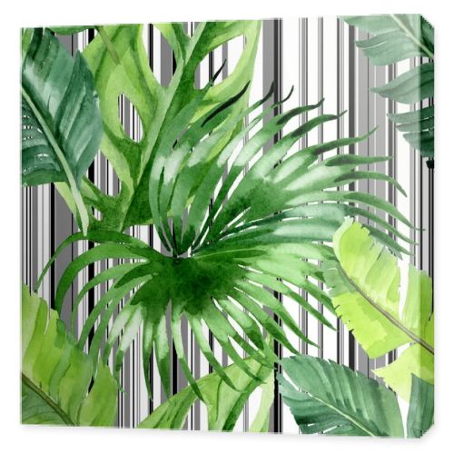 Exotic tropical hawaiian palm tree leaves. Watercolor background illustration set. Seamless background pattern. 