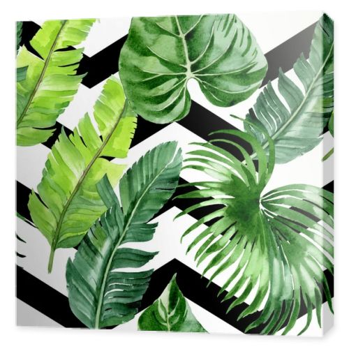Exotic tropical hawaiian palm tree leaves. Watercolor background illustration set. Seamless background pattern. 