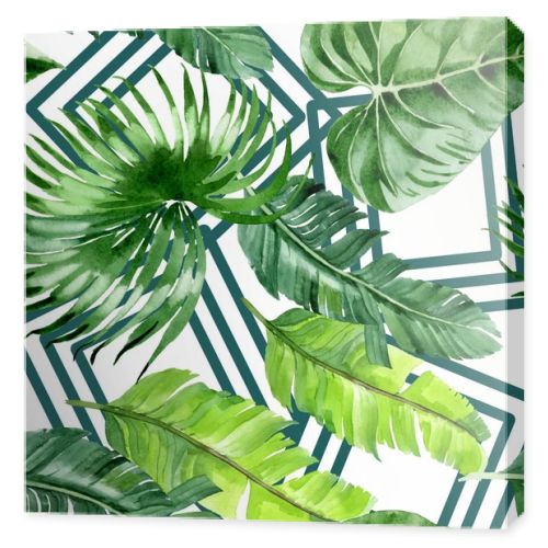 Exotic tropical hawaiian palm tree leaves. Watercolor background illustration set. Seamless background pattern. 