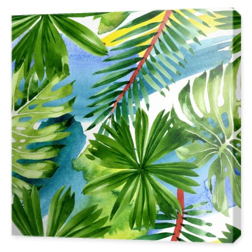 Palm beach tree leaves jungle botanical. Watercolor background illustration set. Seamless background pattern.